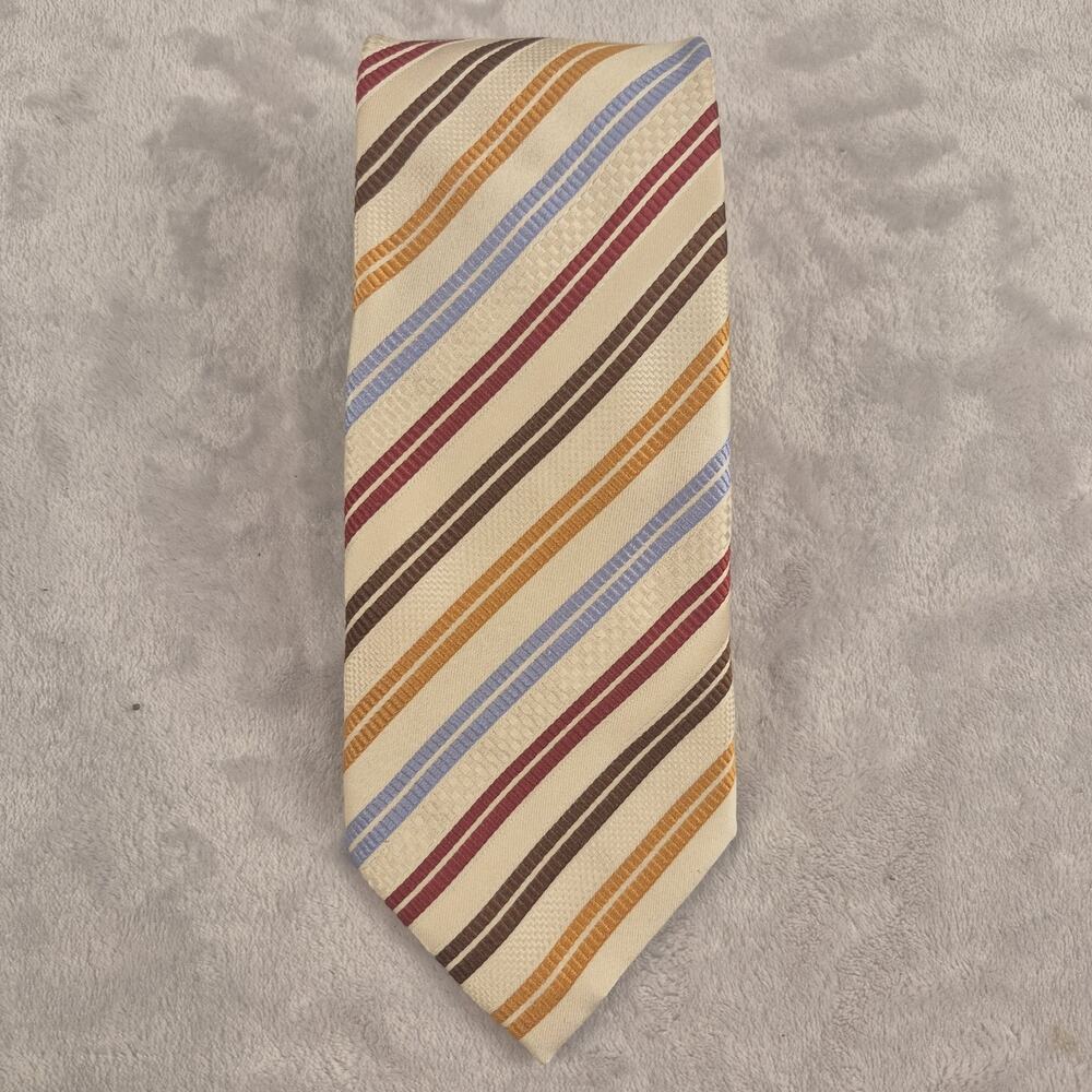 CANALI Tie 100% Silk Blue Red Cream Brown Yellow Diagonal Repp Stripe Italy